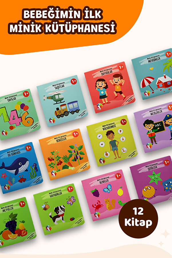 MERT BEBEK Bebeğimin İlk Minik Kütüphanesi Eğitici Bebek Kitap Seti 12’li Türkçe İngilizce 1+ Yaş