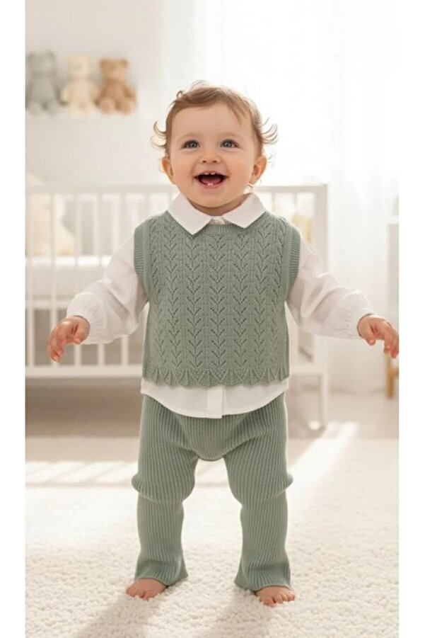 genybaby Şık Kız Bebek Triko Takım – Beyaz Gömlek, Örgü Süveter ve Pantolon