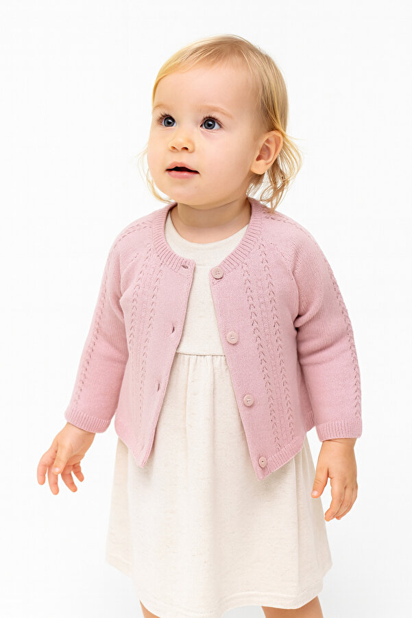 Minora Triko Kız Bebek Ajurlu, Ponponlu Kısa Hırka Gül