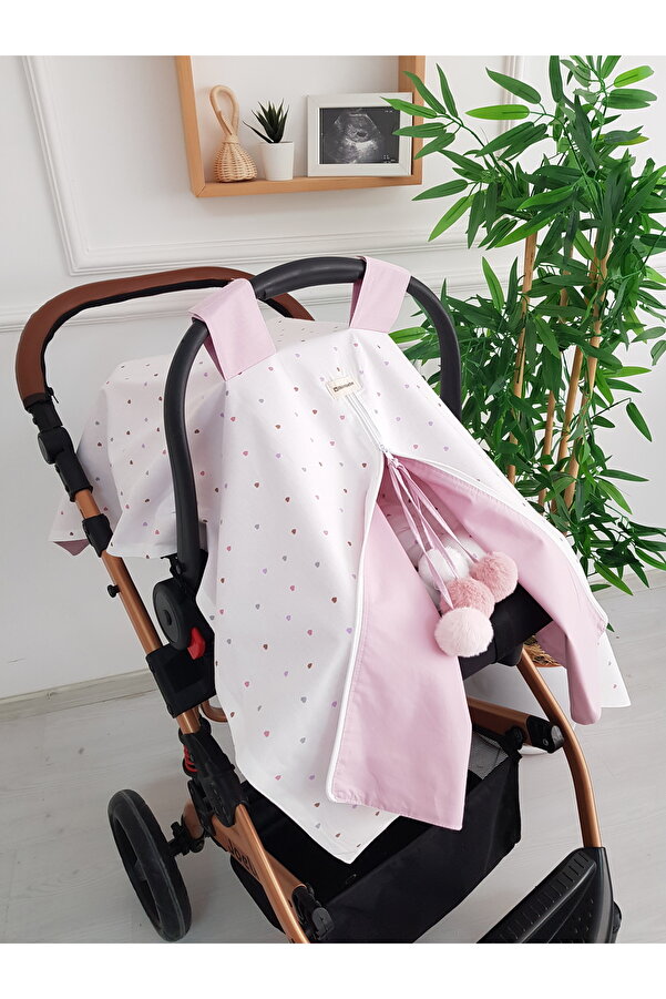 ib ilkimbebe Ponponlu Çift Taraflı Fermuarlı Bebek Puset Örtüsü ve Çift Taraflı Bebek Puset Minderi