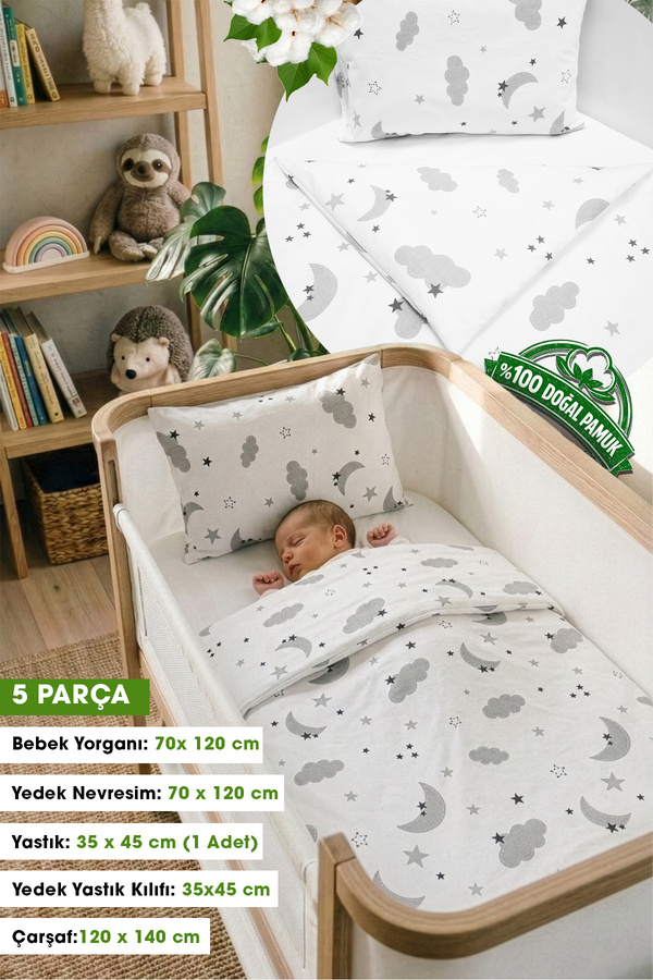 Yada Baby %100 Pamuklu Kumaştan Bebek 5 Parça Yorgan Ve Nevresim Takımı & Uyku Seti (70 X 120 CM)