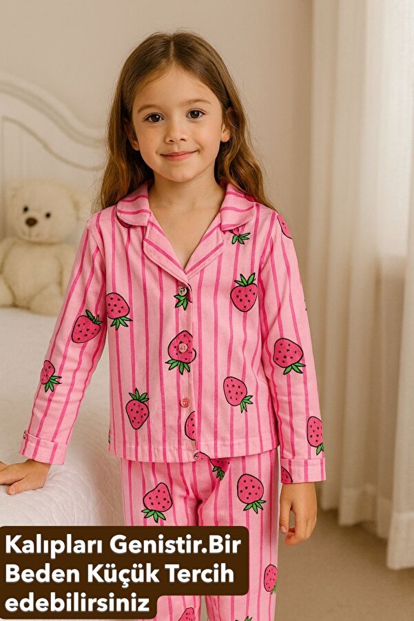mışıl mışıl kids Kız Çocuk Pembe Çilekli Gömlek Yaka Pijama Takımı-GENİŞ KALIP