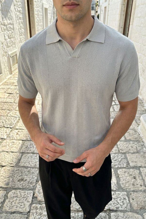 Livio Ferri Chapa Regular Fit Polo Collar Men's Short Sleeve Textured Light Gray Knitwear T-Shirt