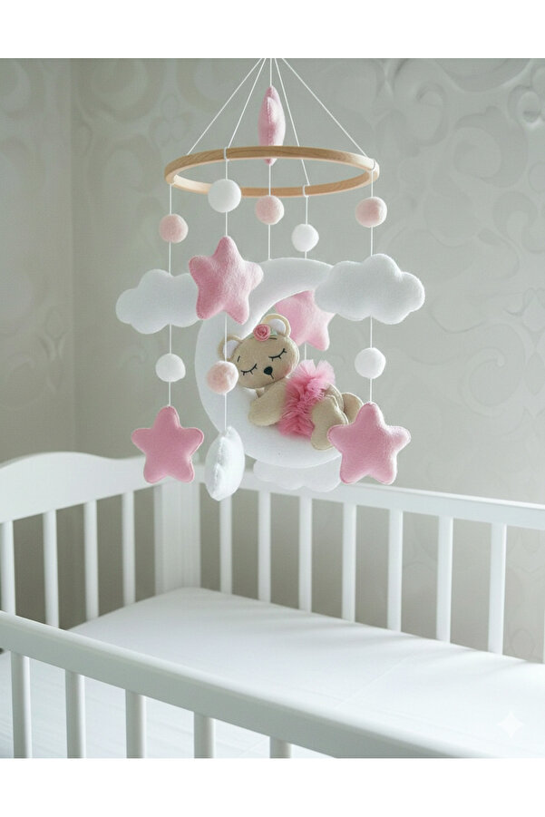 keçedekorr Bebek beşik dönencesi bulut yıldız ay üstünde uyuyan tüllü ayıcık figürlü bebek beşik süsü