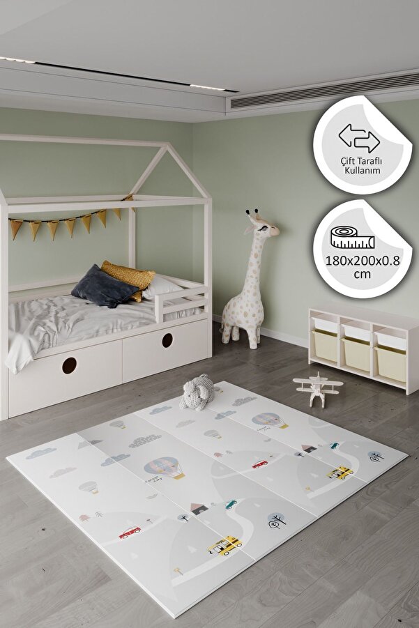 Saule Sky Balloons Katlanabilir Çift Taraflı Oyun Matı-Oyun Halısı 180x200x0.8 Cm (TAŞIMA ÇANTALI)