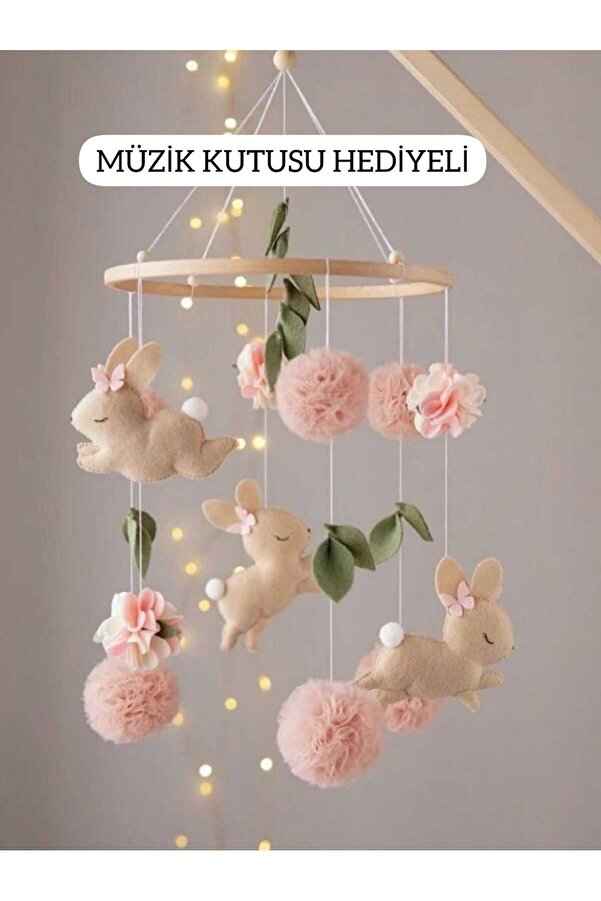 TREND METFİQ DECORATİON Ahşap Kasnaklı Yenidoğan Bebek Dönencesi - Baby Shower Hediyesi Müzikli Beşik Oyuncağı