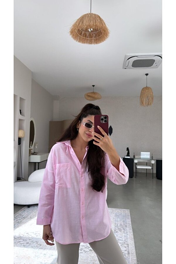 GETFAY Kadın Tek Cepli Over Size Ketem Gömlek-Pembe