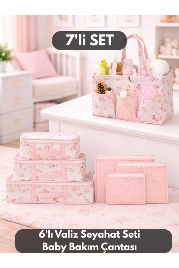 PONÇİK BEBEK 7'li SET Baby Bakım Çantası Doğum Öncesi Sonrası Çantası & Seyahat Hastahane Valiz Organizeri Seti