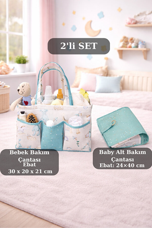PONÇİK BEBEK Baby Doğum Çantası 10 Bölmeli & Baby Alt Bakım Çantası Seti Mavi Renk