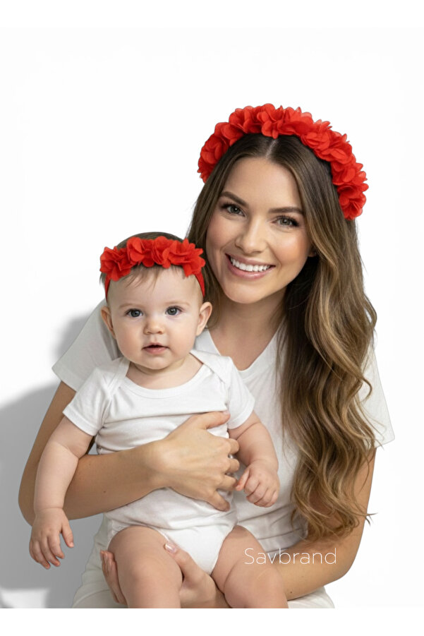 SavBrand Kırmızı Çiçekli Anne tacı ve Bebek Bandanası