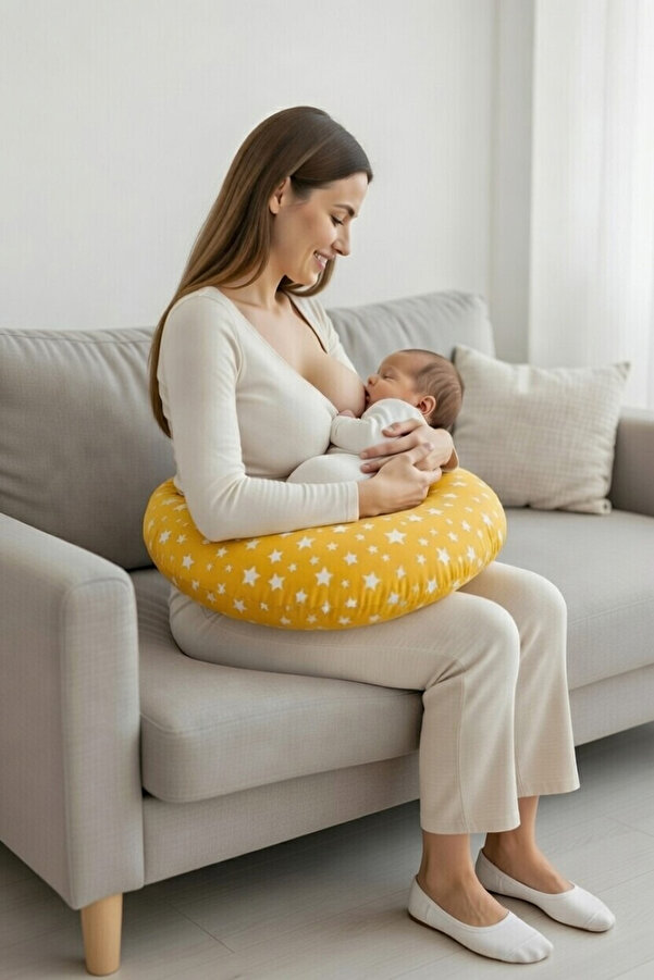Bundeba Yenidoğan Sarı Emzirme Yastığı Bebek Destek Minderi Hamile Anne Bebek Emzirme Yastığı Pamuklu