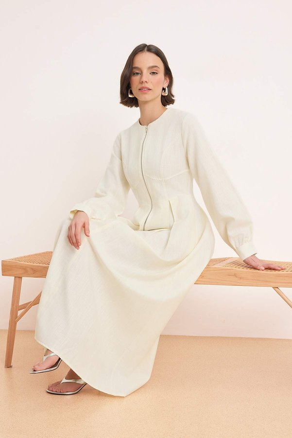 Trendyol Modest Ecru Zippered Straight Plain Weave Gabardine Modest Dress TCTSS26EB00071