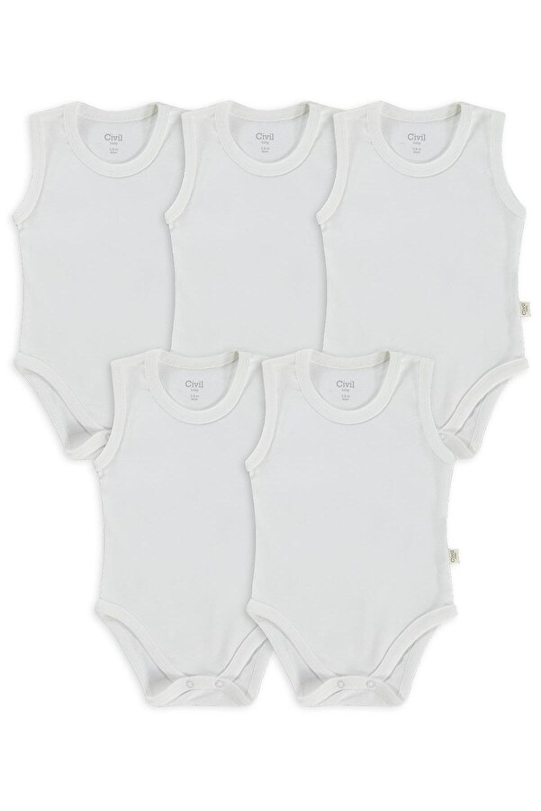Civil Baby 5 li Düz Basic Sıfır Kol 3-9 Ay Çıtçıtlı Badi - Beyaz 6-9 Ay