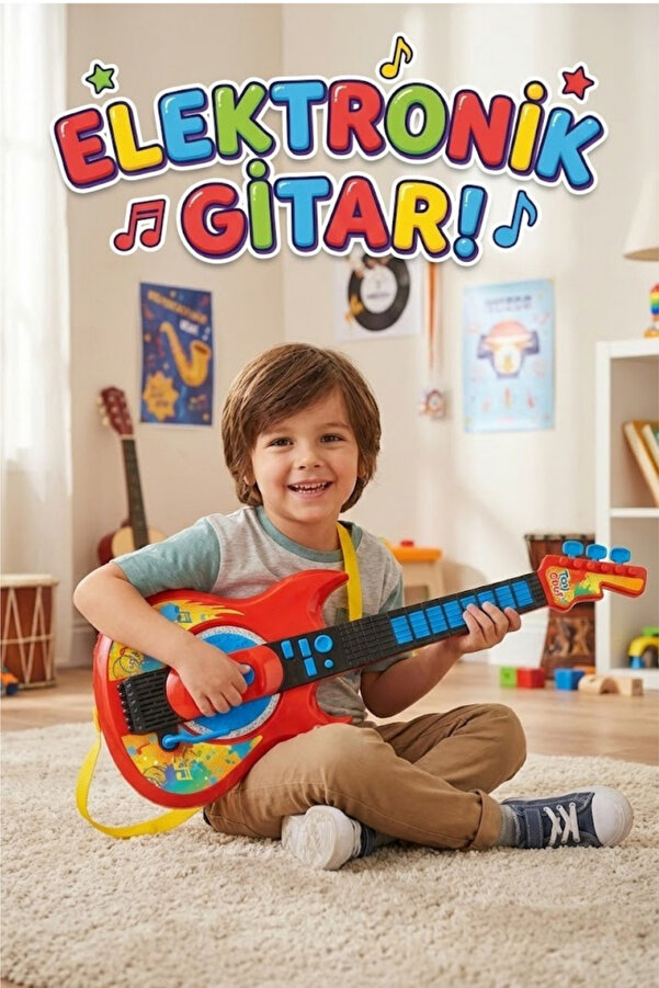 craftivio Müzikli Elektronik Rock Gitar - Askılı, Ses Efektli Eğitici Oyuncak Müzik Aleti