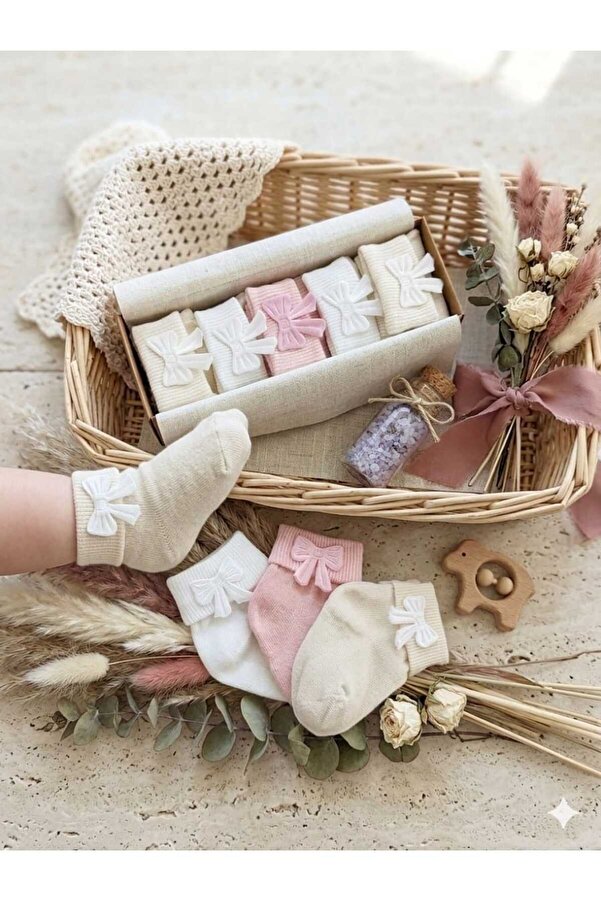 Akface 5 Çift Fiyonklu Pamuklu Kız Bebek Çorabı 0-2 Yaş