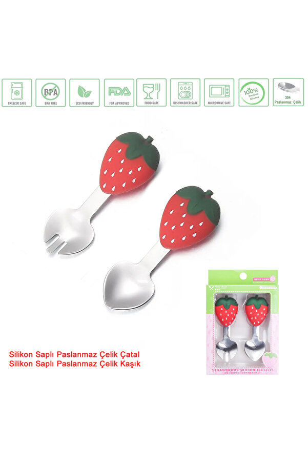 jojobebek Silikon Saplı Paslanmaz Çelik Uçlu Çocuk Kaşık -Çatal Seti - Çilek Figürlü 9+Ay
