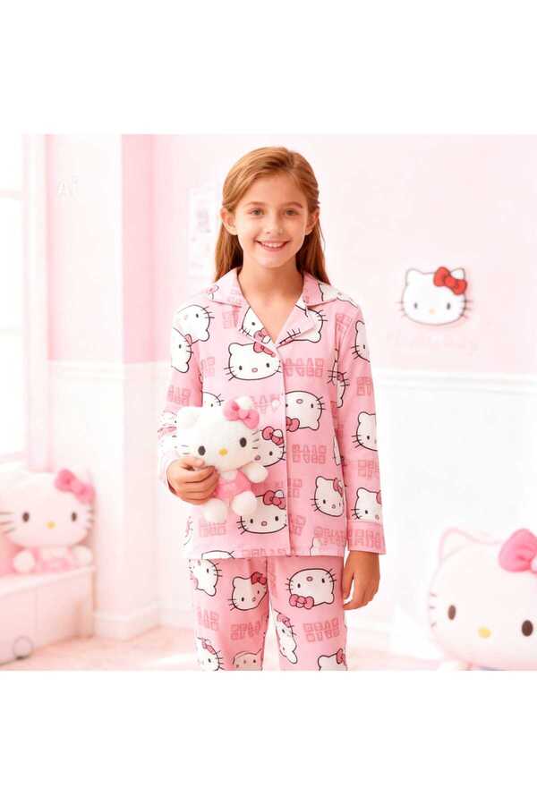NiCe İç Giyim Hello Kitty Temalı İnce Milan Kumaş Pembe Gömlek Baharlık Kız Çocuk Pijama Takım