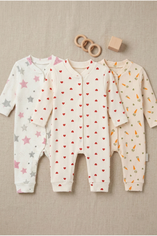 Noone 3'lü Uzun Kollu Patikli Bebek Uyku Tulumu Seti - Kalp Desenli Çıtçıtlı Fitilli Pijama