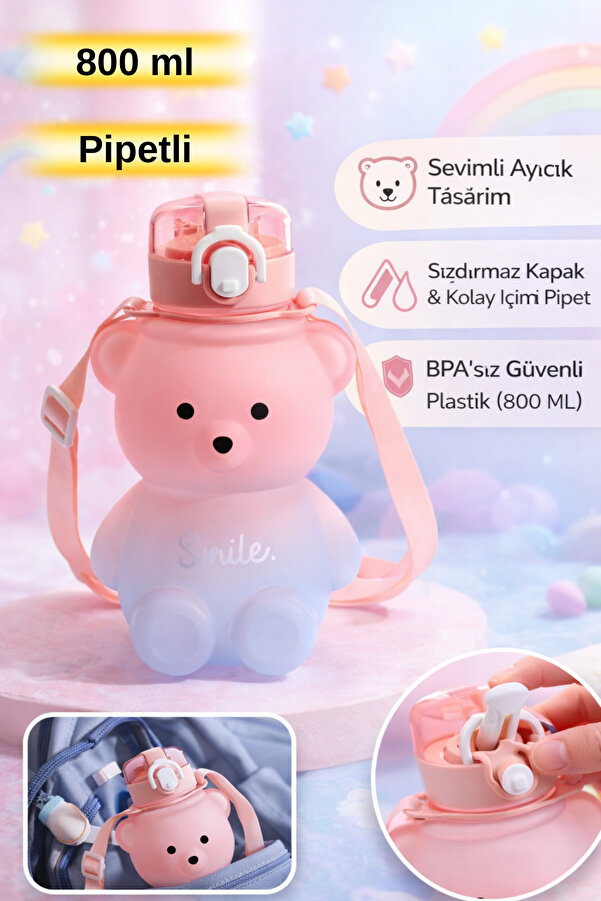 Hane Dostu Ayıcık Pipetli Su Matarası 800 ML – BPA’sız, Sızdırmaz Kapaklı, Askılı Çocuk Matara