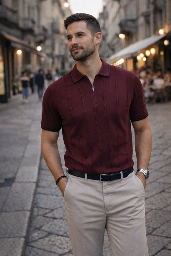 Maccali Men's Trend Striped Premium Claret Red Polo Neck T-Shirt
