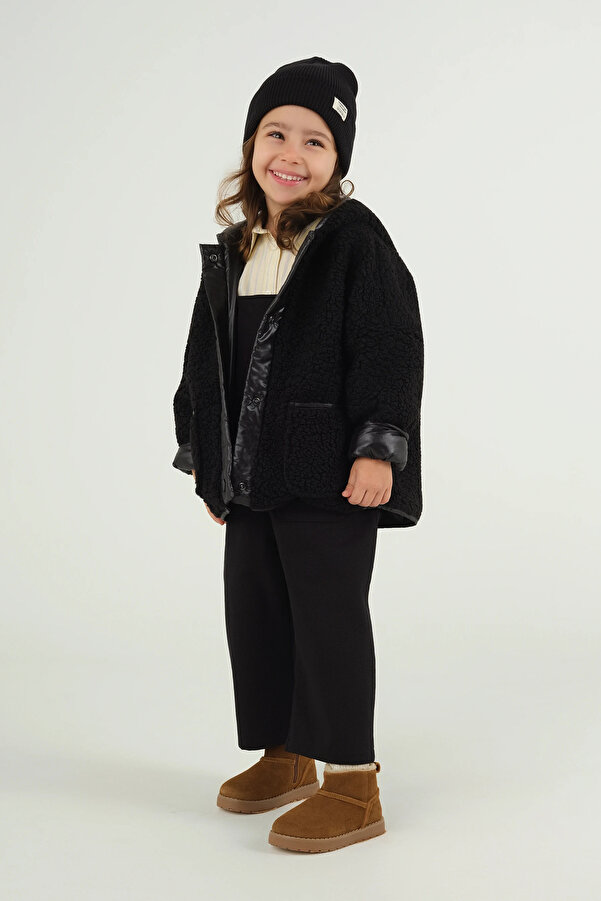 Mioma Kids Kapüşonlu Peluş Ceket Siyah