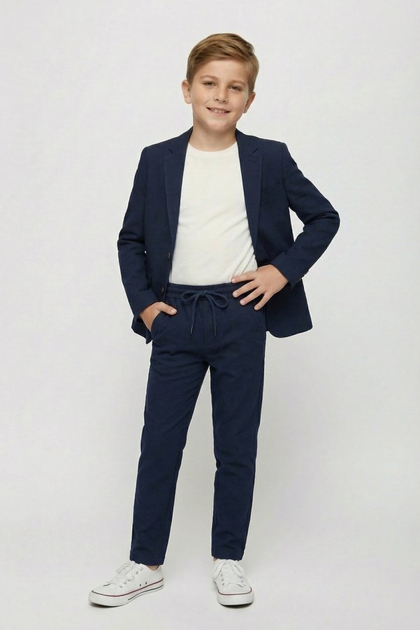 Merdia Boy's Linen Look Suit (Jacket, T-Shirt and Trousers with Elastic Waistband) Navy Blue