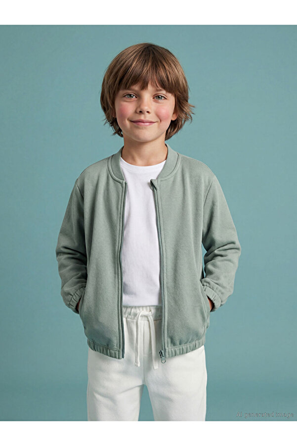 LC Waikiki Yeşil Kolej Yaka Erkek Çocuk Fermuarlı Sweatshirt