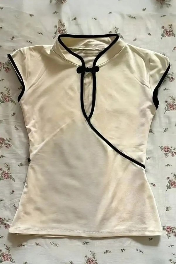 1blood Ecru Mandarin Collar Vintage Short Sleeve Cropped
