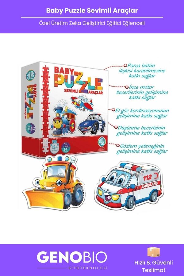 GenoBio #BebekPuzzle Sevimli Araçlar Eğitici Zeka Beceri Geliştirici Çocuk Yapboz Oyuncak 12 Ay+ Puzzle