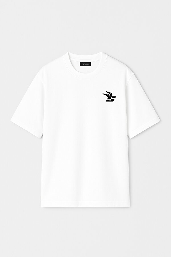 Unisex Stüssy Wing Baskılı Oversize %100 Pamuk Geniş Kesim Dokulu Bisiklet Yaka Beyaz Tişört RF0654
