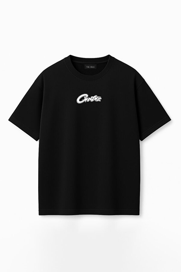 Unisex Corteiz Ön Baskılı Oversize %100 Pamuk Geniş Kesim Dokulu Bisiklet Yaka Siyah Tişört RF0657
