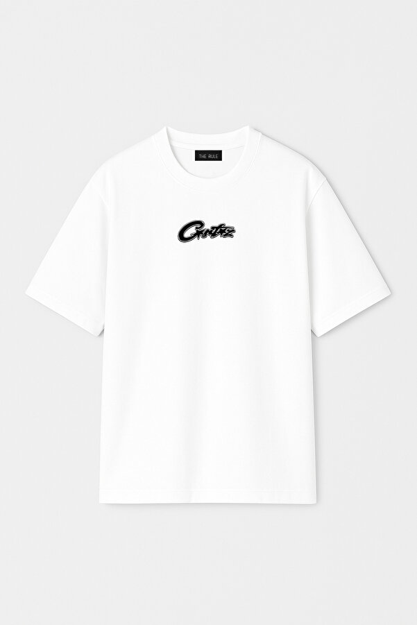 Unisex Corteiz Ön Baskılı Oversize %100 Pamuk Geniş Kesim Dokulu Bisiklet Yaka Beyaz Tişört RF0657