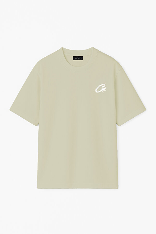 Unisex Corteiz C Baskılı Oversize %100 Pamuk Geniş Kesim Dokulu Bisiklet Yaka Yeşil Tişört RF0655