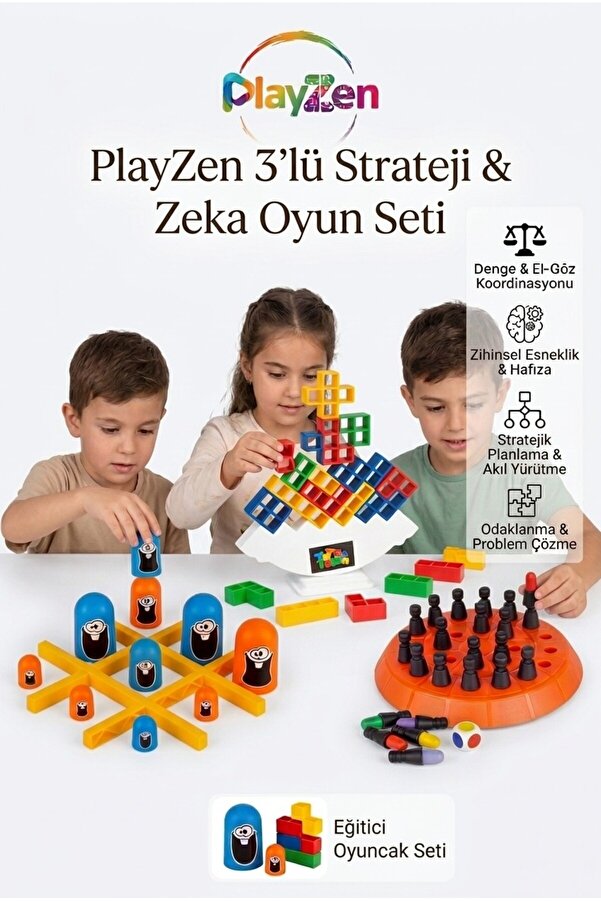 PlayZen Strateji & Zeka Oyun Seti 3’lü – Monster XOX + Tetra Kule + Memory Chess Eğitici Oyuncak