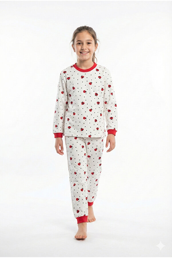 Miniworld Kız Çocuk Uğur Böceği Desenli %100 Pamuk 2 İp Örme Pijama Takımı