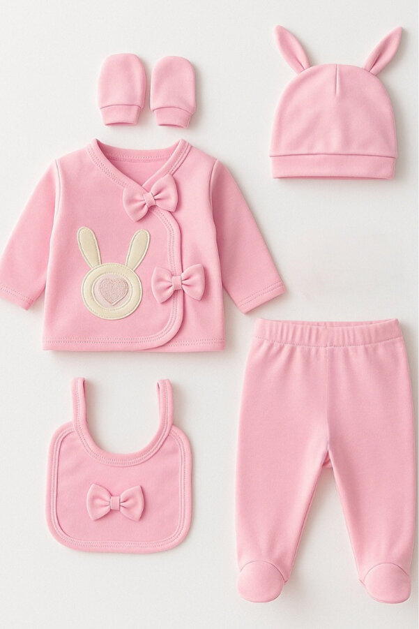 Bamoola for Babies Organik Kız Bebek Tavşan Desenli 5'li Tulum Hastane Çıkışı Yenidoğan Kıyafet Mama Önlüğü