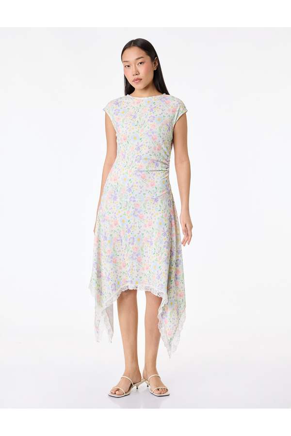 Koton Sleeveless Lace Detailed Asymmetrical Cut Crew Neck Floral Dress
