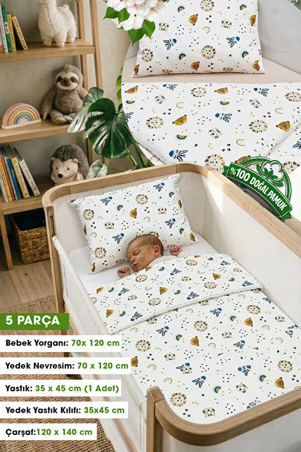 Yada Baby %100 Pamuklu Kumaştan Bebek Park Beşik 5 Parça Yorgan Ve Nevresim Takımı (70 X 120 CM)