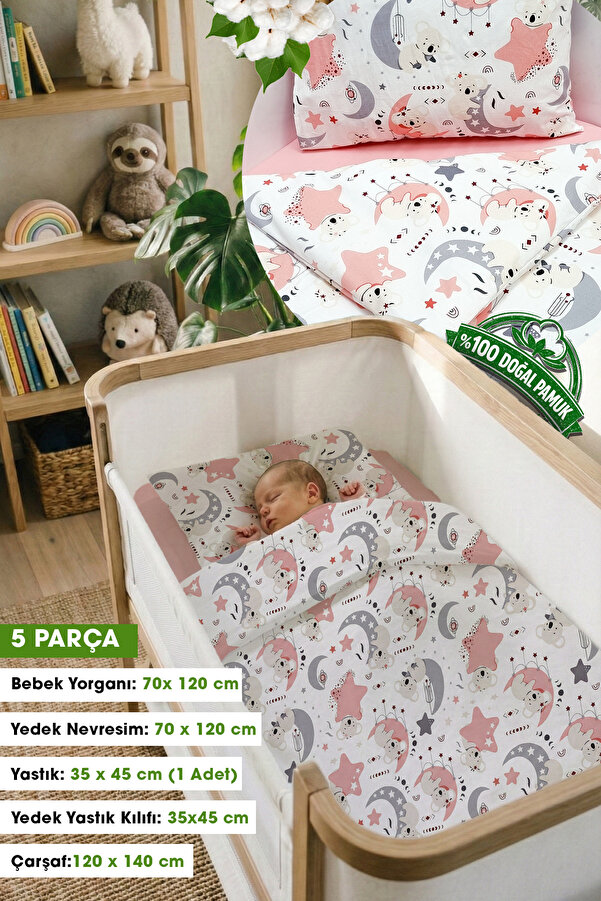 Yada Baby %100 Pamuklu Kumaştan Bebek Park Beşik 5 Parça Yorgan Ve Nevresim Takımı (70 X 120 CM)