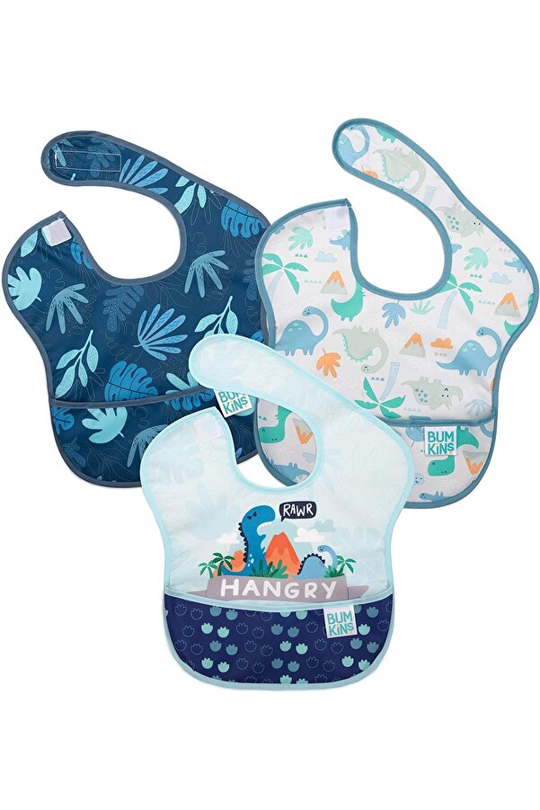 Bumkins Superbib Bebek Mama Önlüğü 3'lü Paket Hungry, Dinosaurs, Blue Tropic 6-24 Ay
