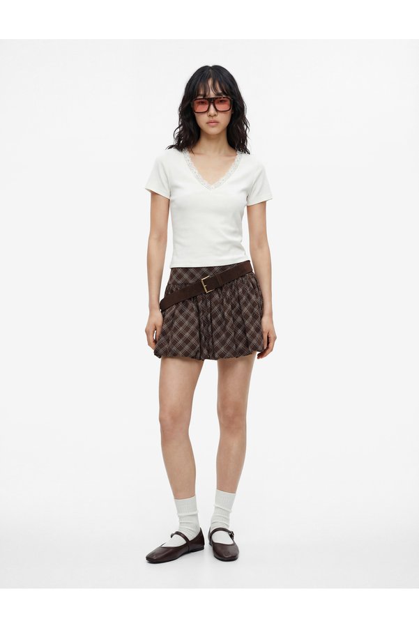 Koton Slim Fit Short Sleeve V-Neck T-Shirt with Lace Detail