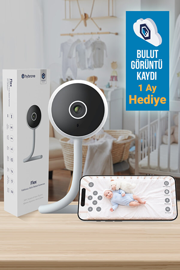 Hybrone Flex Akıllı WiFi Bebek Kamerası – Ağlama Algılama, Ninni Çalma, Gece Görüşlü, Sıcaklık ve Nem Ölçümü