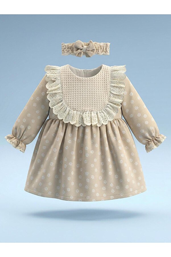 Kumru Lüks Roba Fistolu Bandanalı 6-18 Ay Elbise - Bej 6-9 Ay