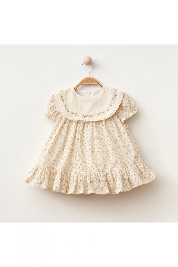 Lumia Baby Yaka Nakışlı Çiçek Desen Kız Bebe Elbise