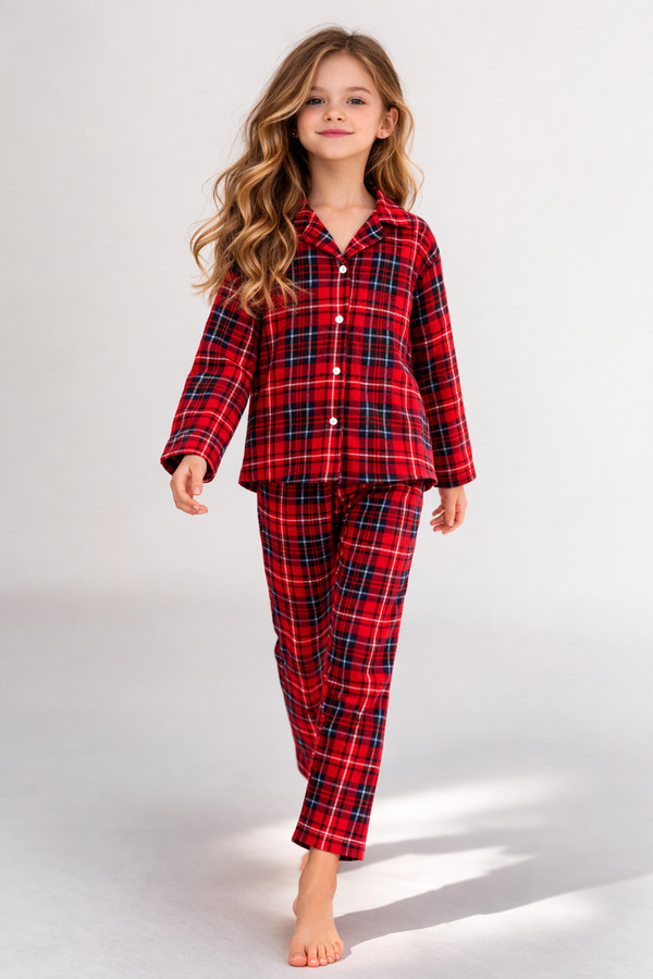 Free Beka Kırmızı Ekose Desenli Uzun Kollu Gömlek Yaka Düğmeli Kız Çocuk Pijama Takımı