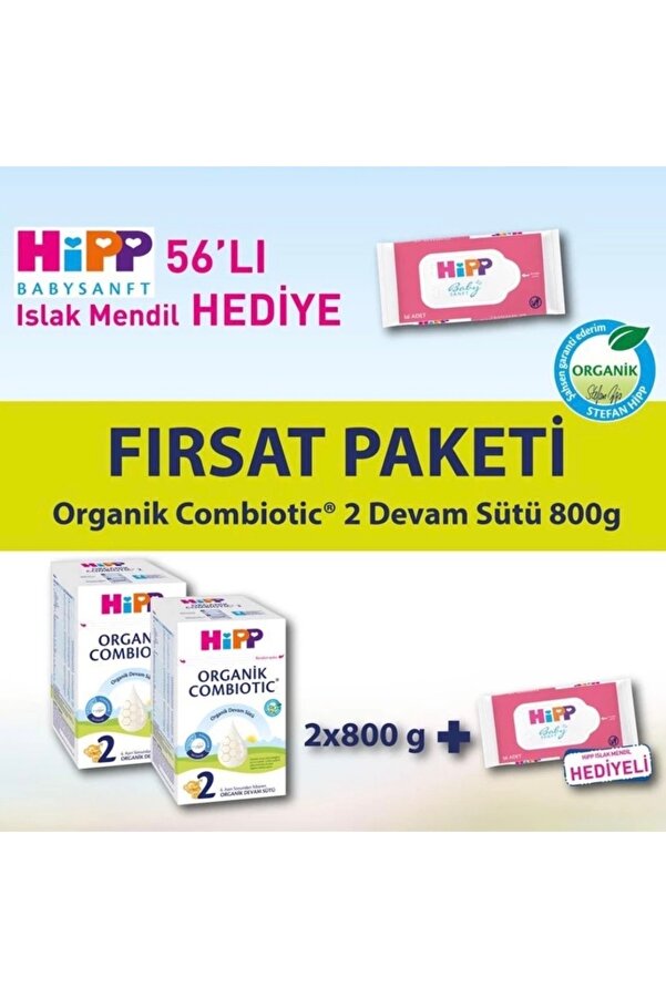 Hipp 2 Bebek Devam Sütü Organik Combiotic 800 gr 2 Adet Avantaj Paket Islak Mendil Hediyeli