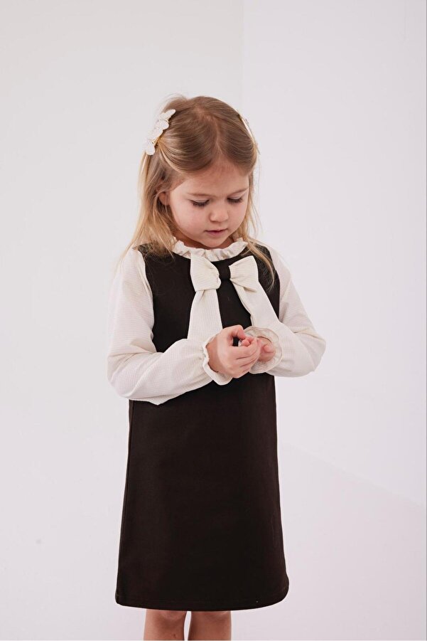 Melynova kids Kız Çocuk Büyük Fiyonk Detaylı Jile Görünümlü Tek Parça Elbise(Toka Hediyeli)