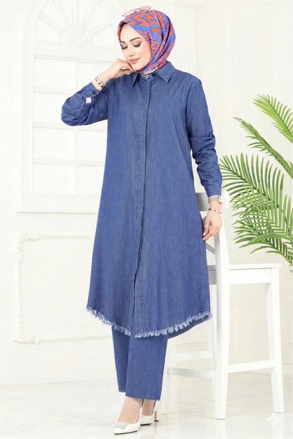 Rabia Zülal Gömleği Tasseled Denim Bottom Top Set Hijab Set - Navy Blue