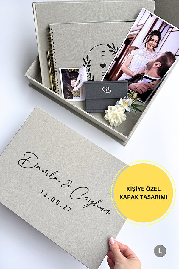 Norm Design L Büyük, KETEN | Düğün, Bebek, Albüm, Hatıra Saklama Kutusu | Kişiselleştirilebilir | Gri