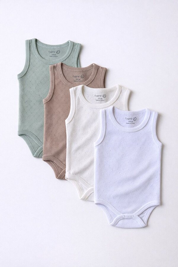 EFU BABY %100 Organik Pamuk 4lü Jakarlı Atlet Bebek Body Seti EKRU BEYAZ ÇAĞLA VİZON